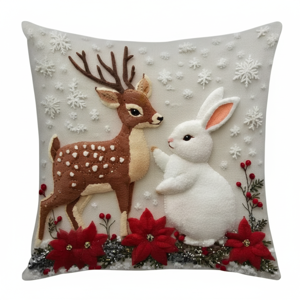 Housse de Coussin Festive – Lapin & Cerf